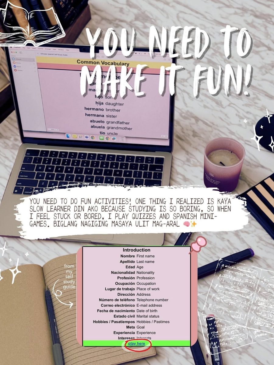 Laptop showing the guide's common vocabulary list and an introduction practice card