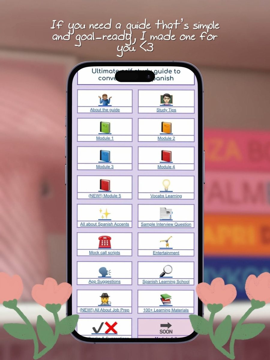 The guide's main menu open on a phone, showing Modules 1 to 5, vocab learning, mock call scripts and more